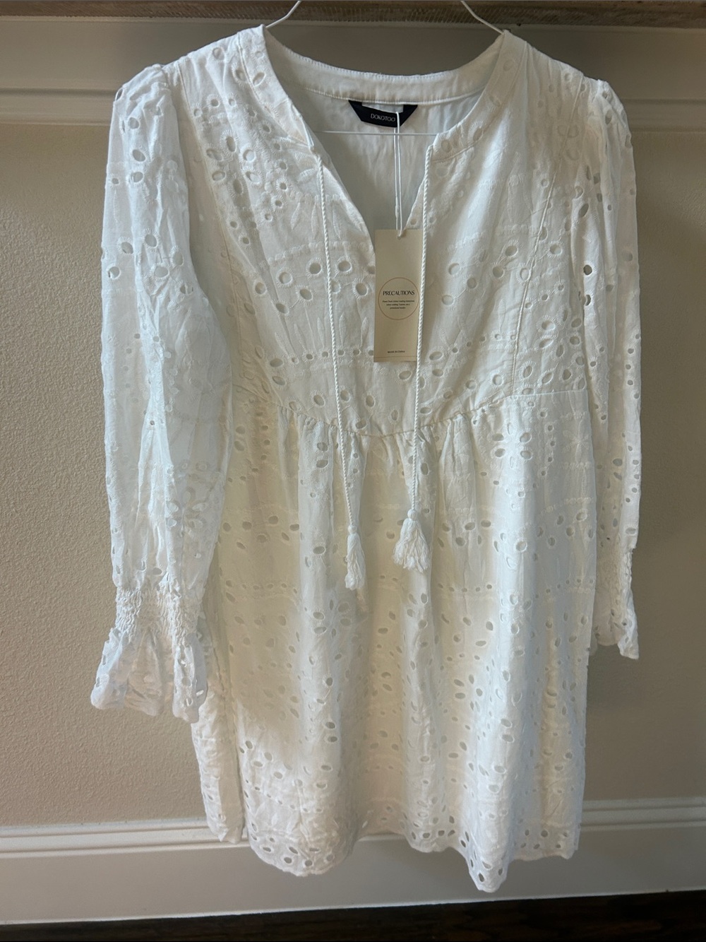 Dokotoo Eyelet Long Sleeve Tassel Tie Mini Dress White Medium
